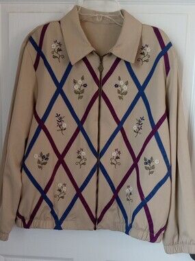 Alfred Dunner Beige Bomber Jacket with Blue and Purple Argyle